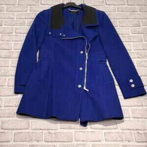 Karen Millen Blue 100% Cotton Trench Coat Asymmetrical Zipper Jacket Women's 6